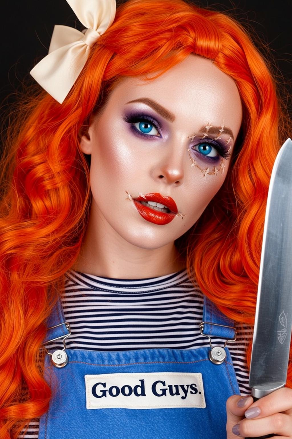Halloween Makeup Doll-like Bright Orange Wavy Long