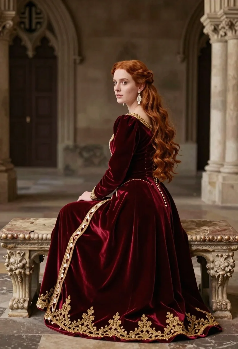 Regal Woman Deep Crimson Velvet Gown Sits Gracefully Ornate Stone reference photo