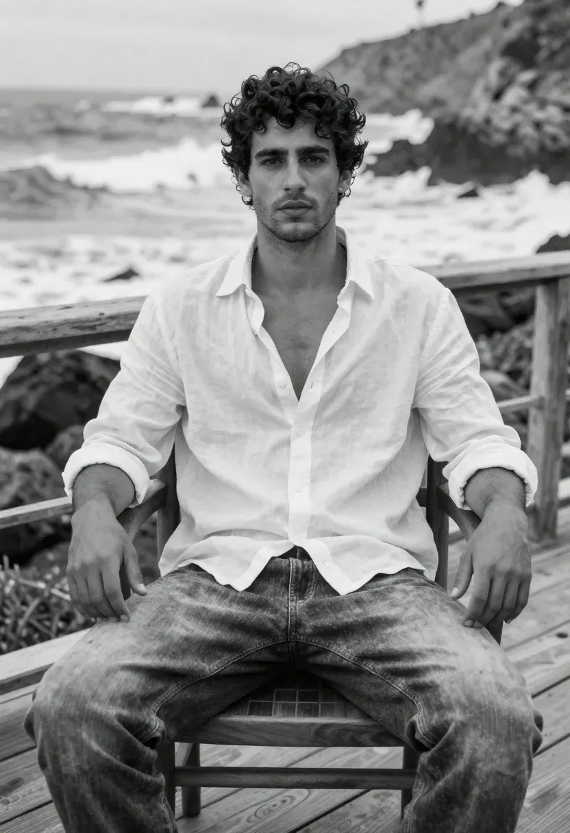 Handsome Young Man With Dark Curly Hair Sits Wooden Chair