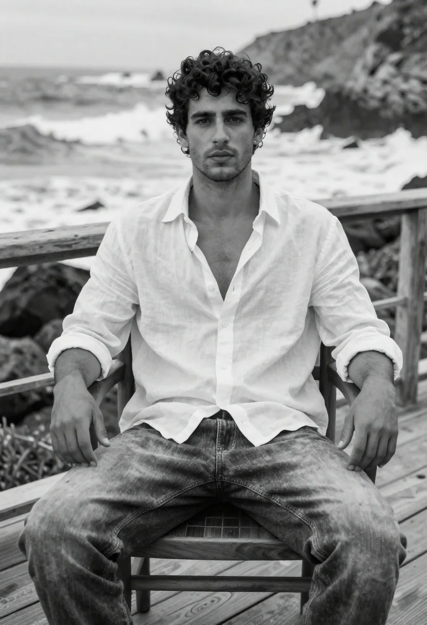 Handsome Young Man With Dark Curly Hair Sits Wooden Chair