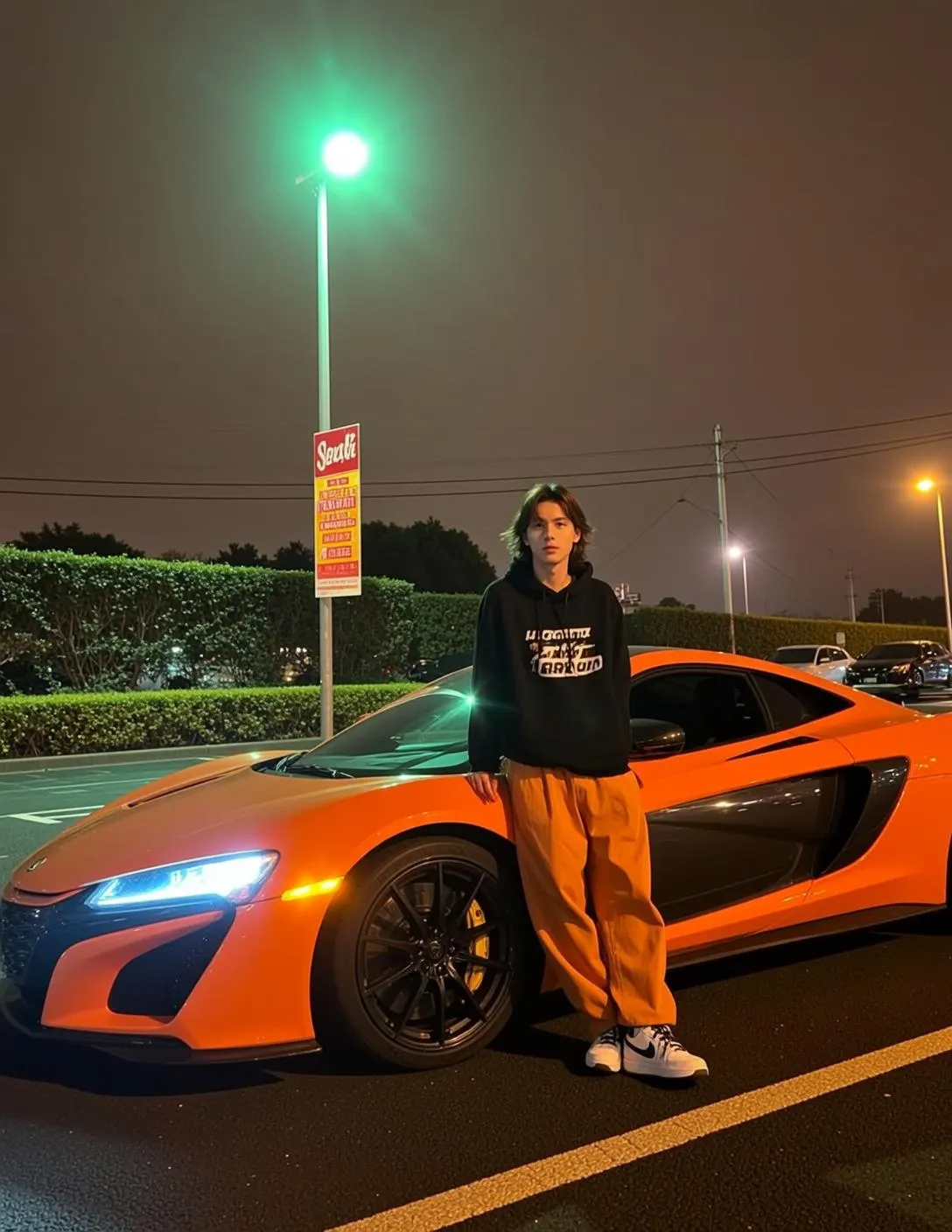 Black Hoodie with White Graphic Pants Night Parking Lot