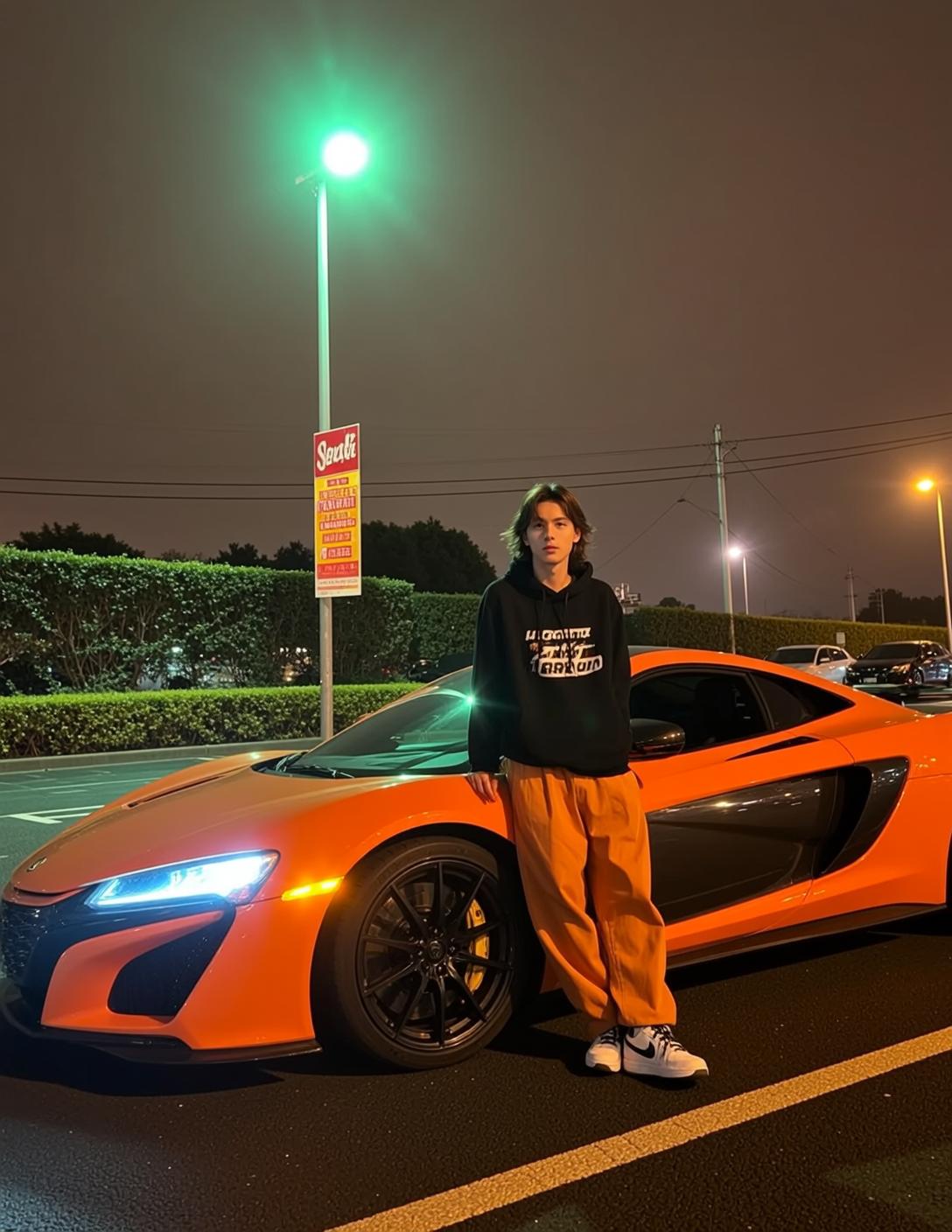 Black Hoodie with White Graphic Pants Night Parking Lot