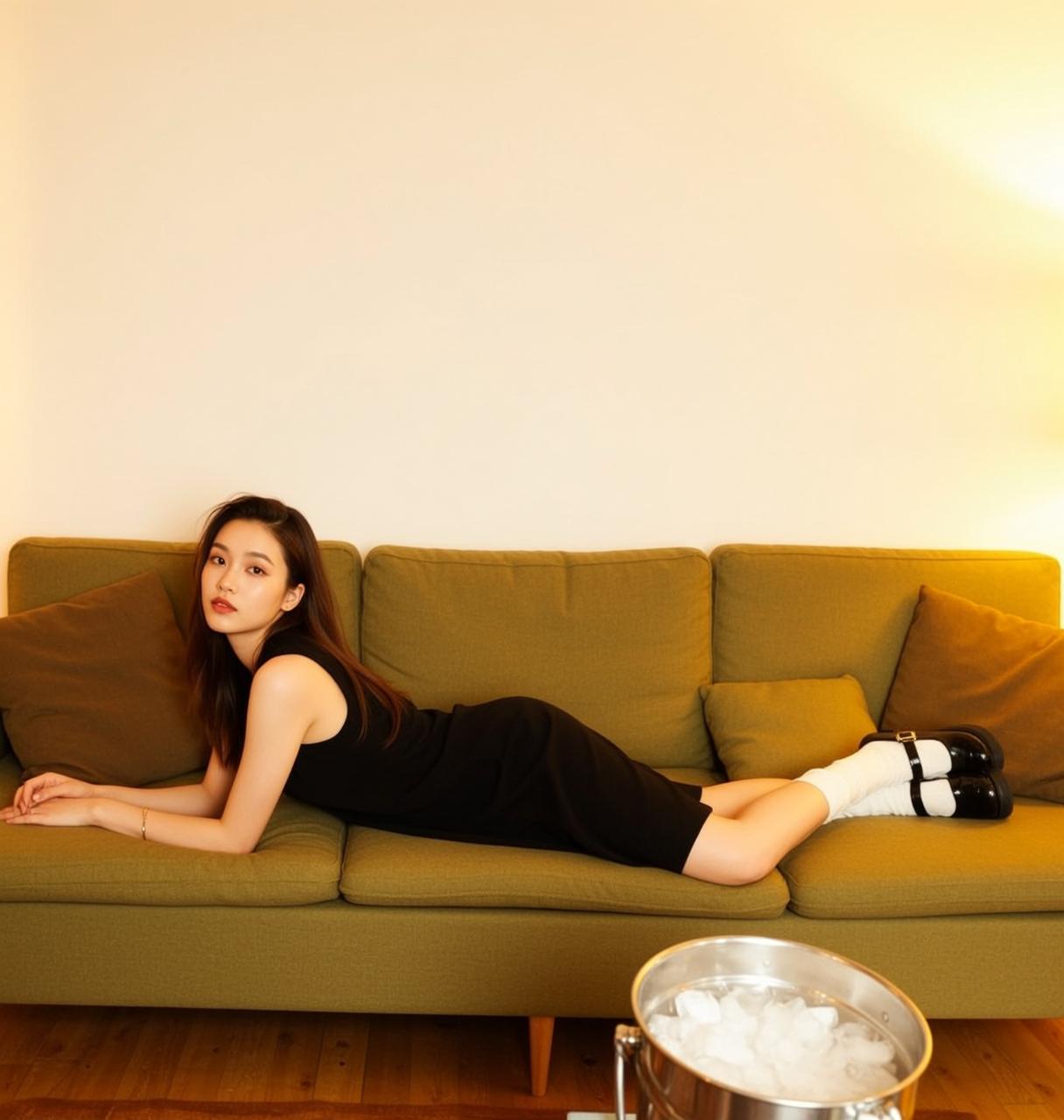 Y2k Lying Her Side Textured Olive-green Sofa