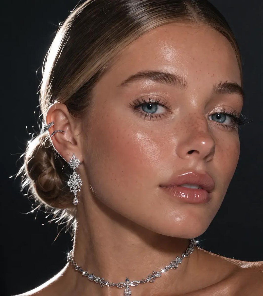 Close-up of a woman showcasing intricate silver jewelry, featuring dewy skin and shimmering champagne eyeshadow.