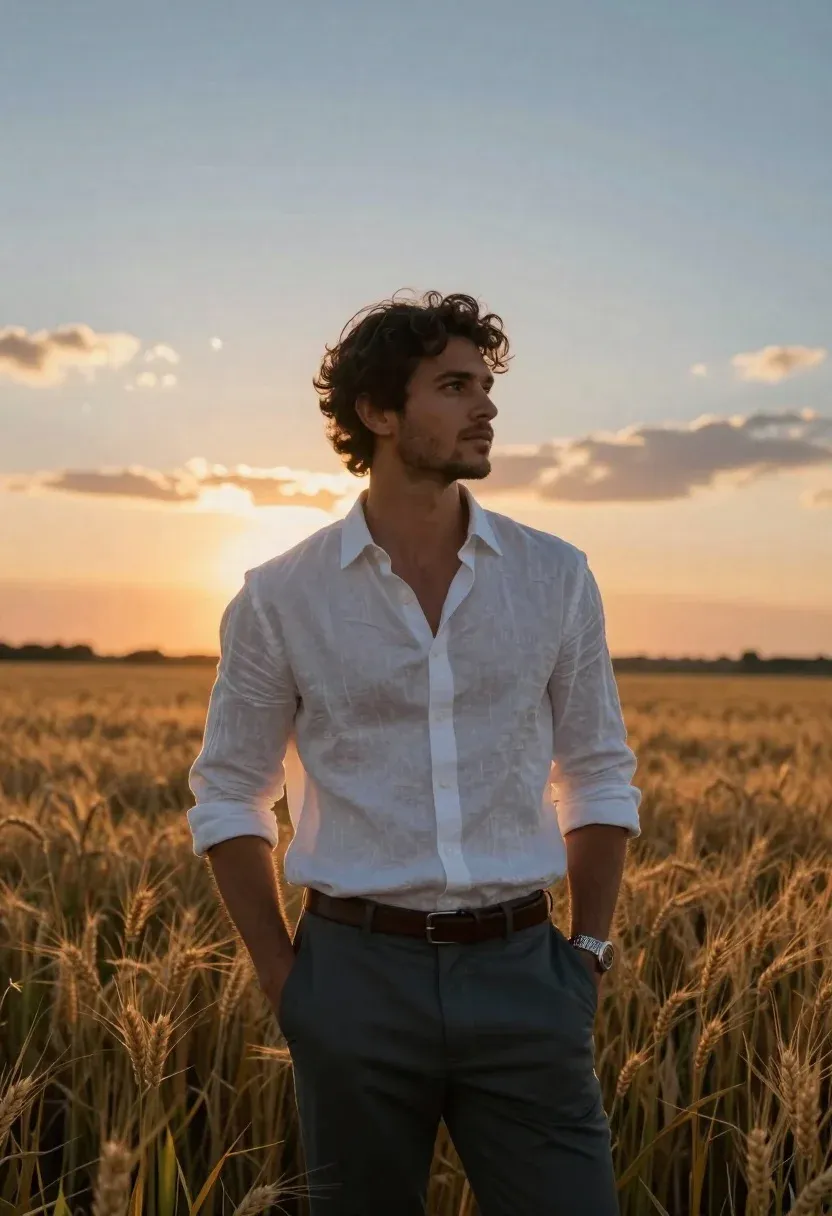 Cinematic Portrait Handsome Man With Curly Dark Hair And Stubble