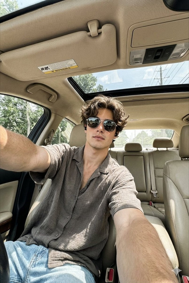 Young man taking a wide-angle selfie inside a beige car with trees visible through the sunroof, wearing reflective sunglasses and earbuds.
