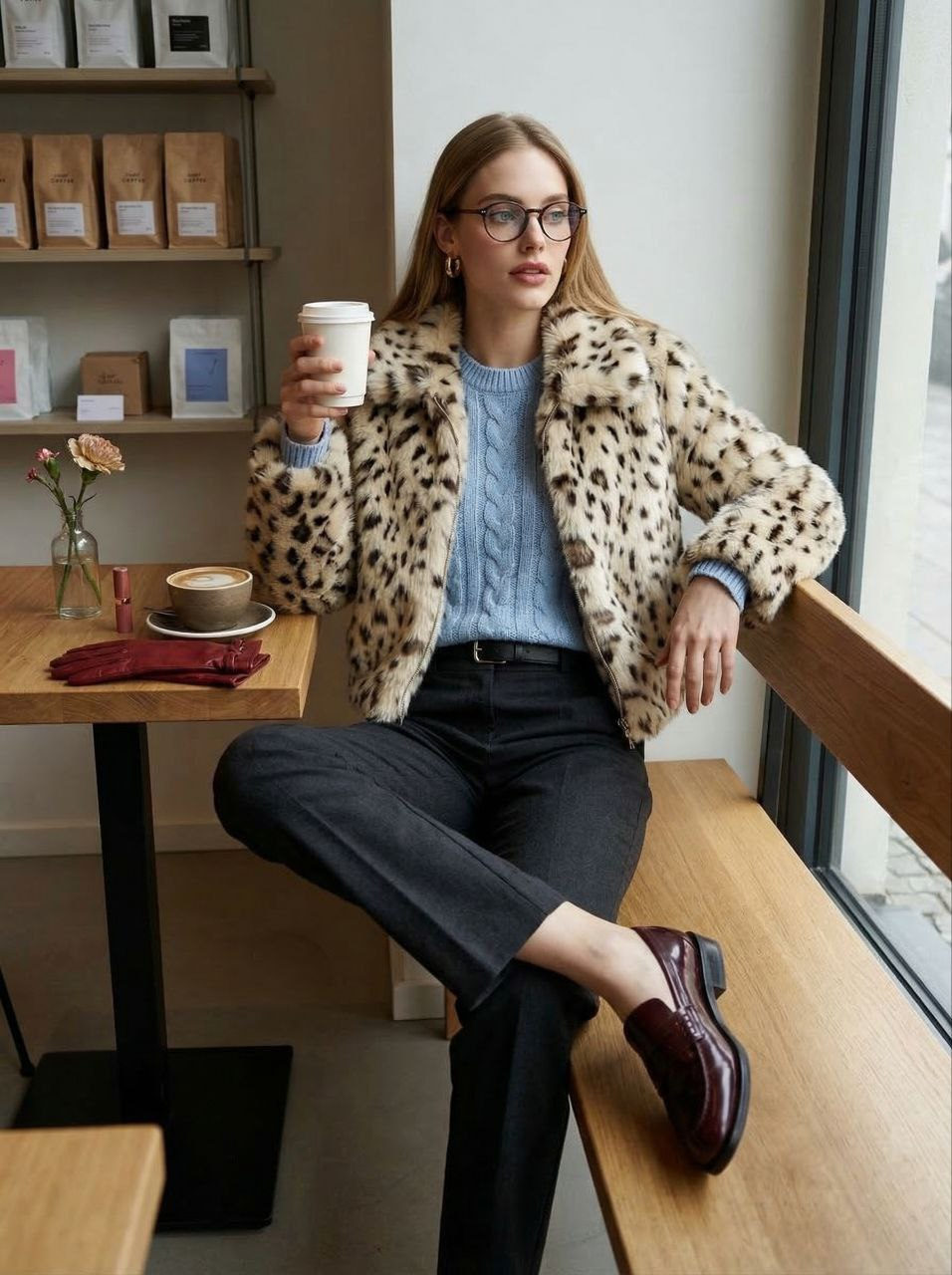 Photorealistic portrait of a woman sitting on a minimalist wooden bench in a modern cafe, holding a coffee cup.
