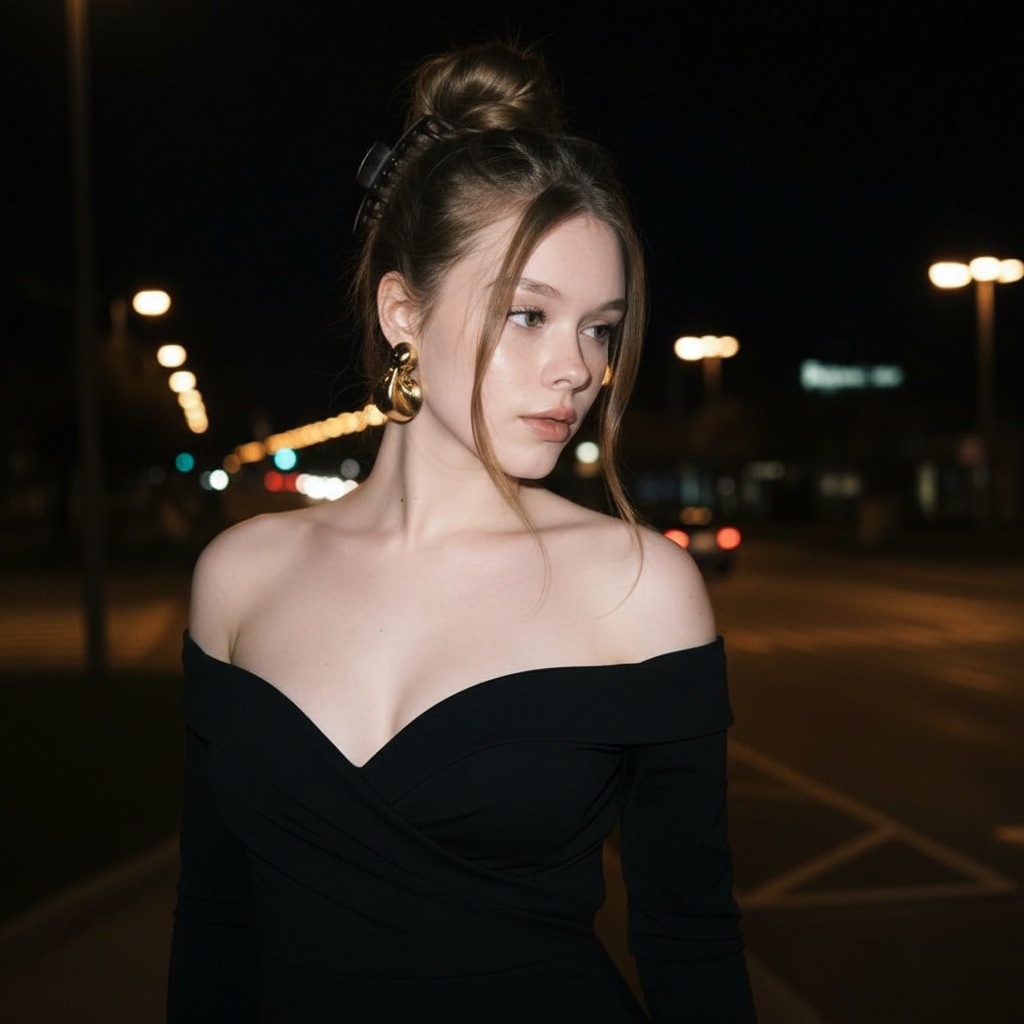 A medium close-up portrait of Anya in a black off shoulder dress with large gold earrings, captured at night with dramatic lighting.