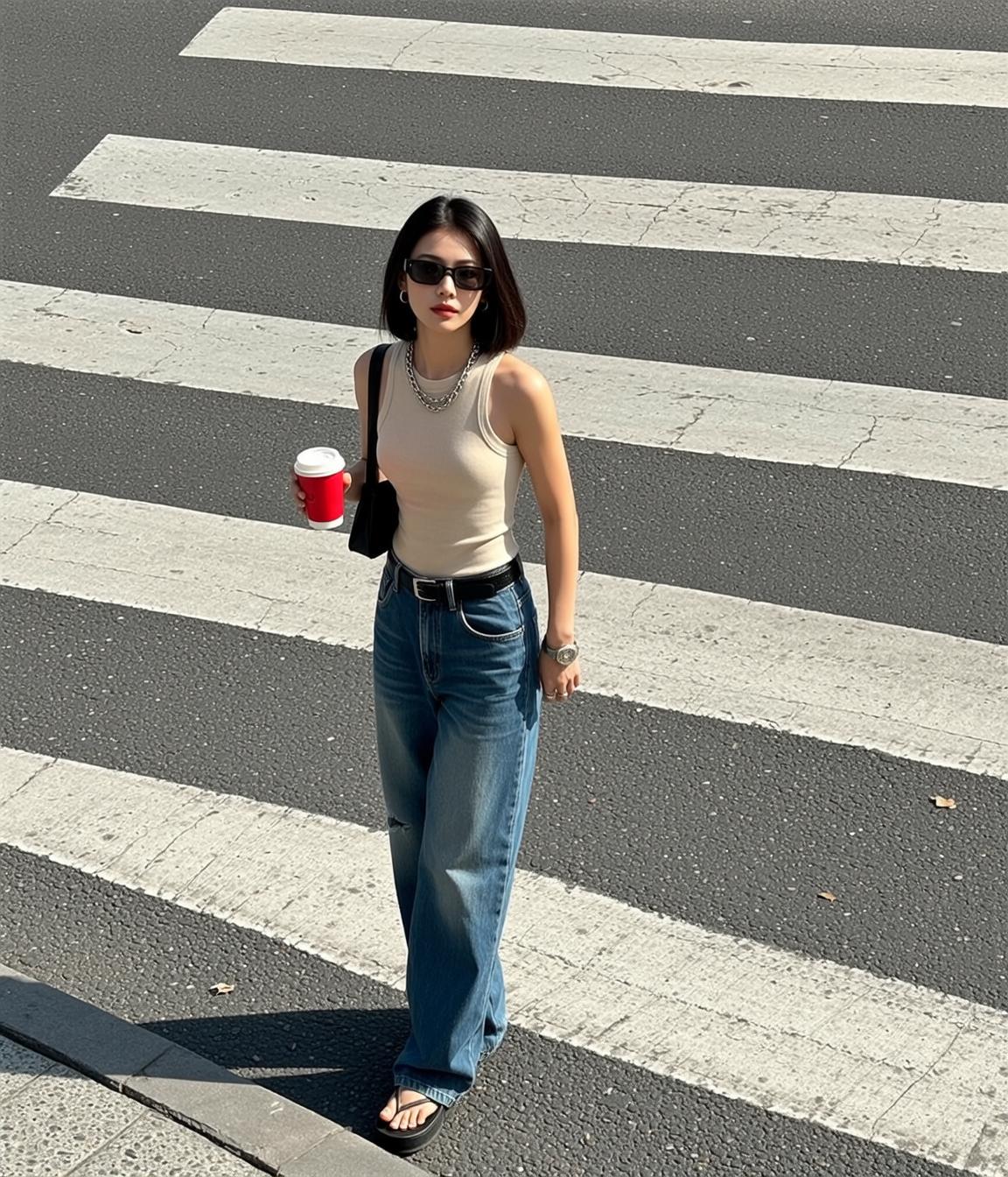 Acubi Stands Crosswalk Facing Forward Her Head