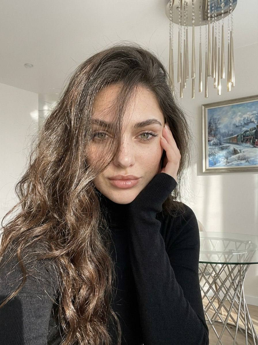 Close-up portrait of a young woman with wavy hair partially covering her face, in a cozy turtleneck, with natural lighting emphasizing her features.