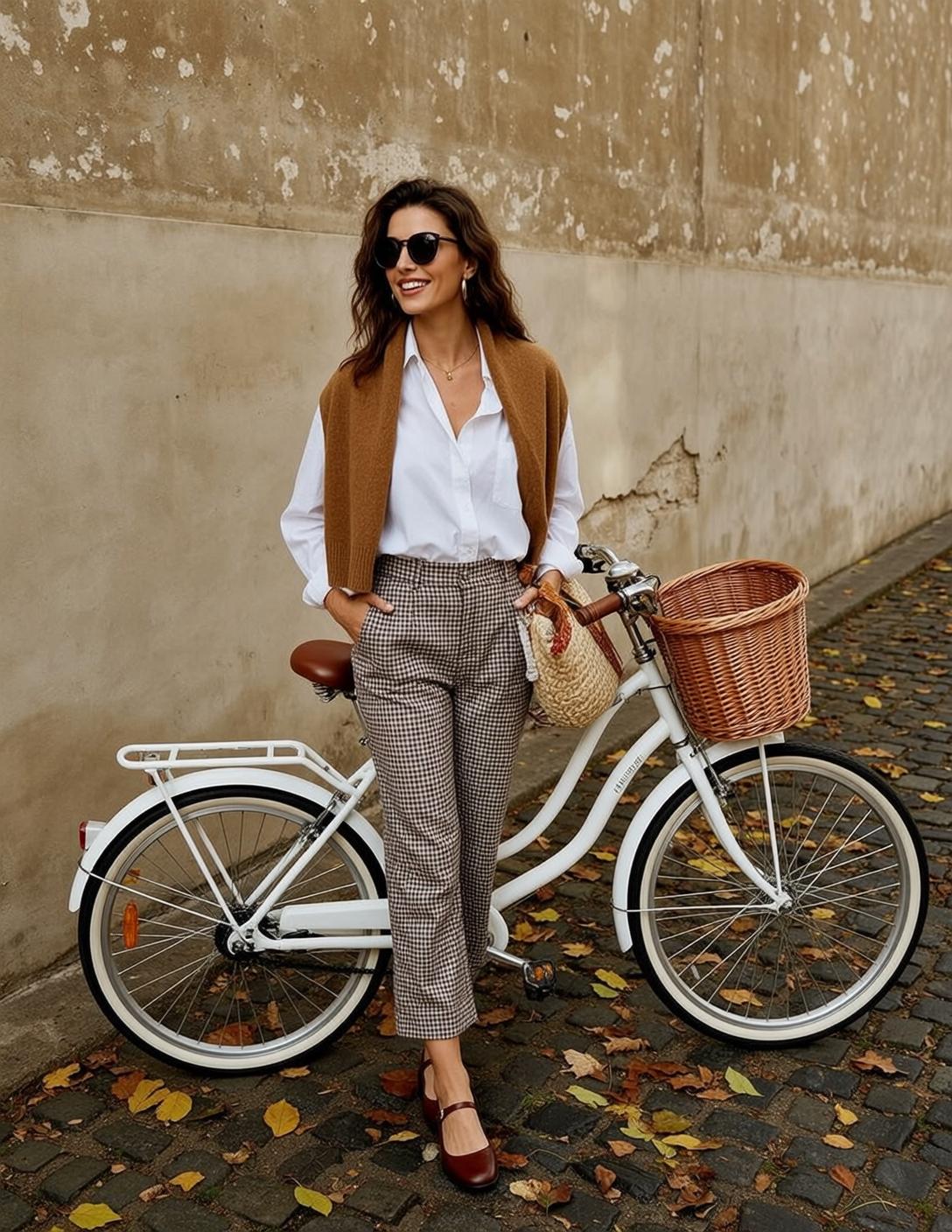 Autumn Stands Outdoors Next White Bicycle Her