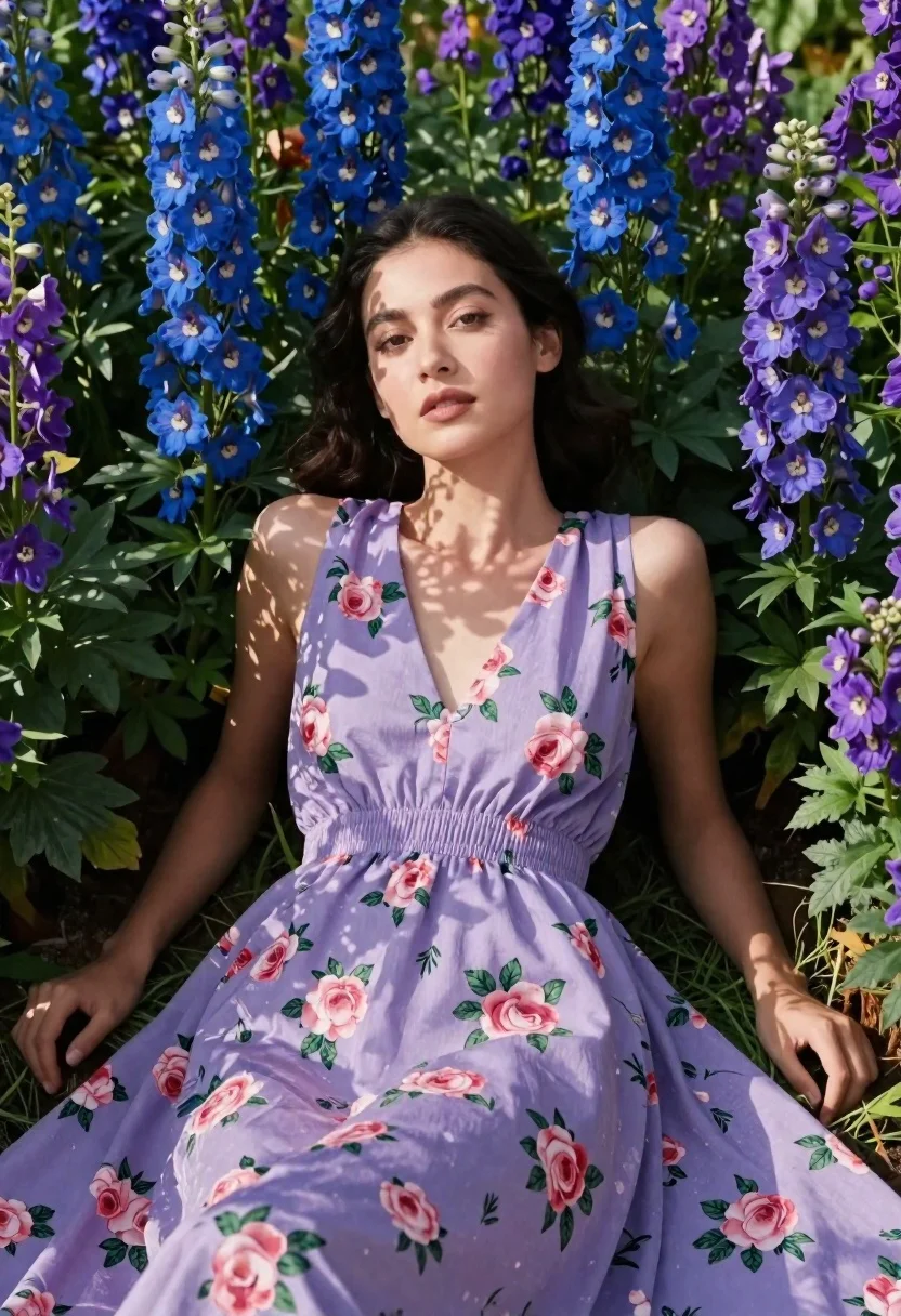 A woman lies calmly amongst vivid blue and purple flowers, basking in bright sunlight, showcasing her serene expression.