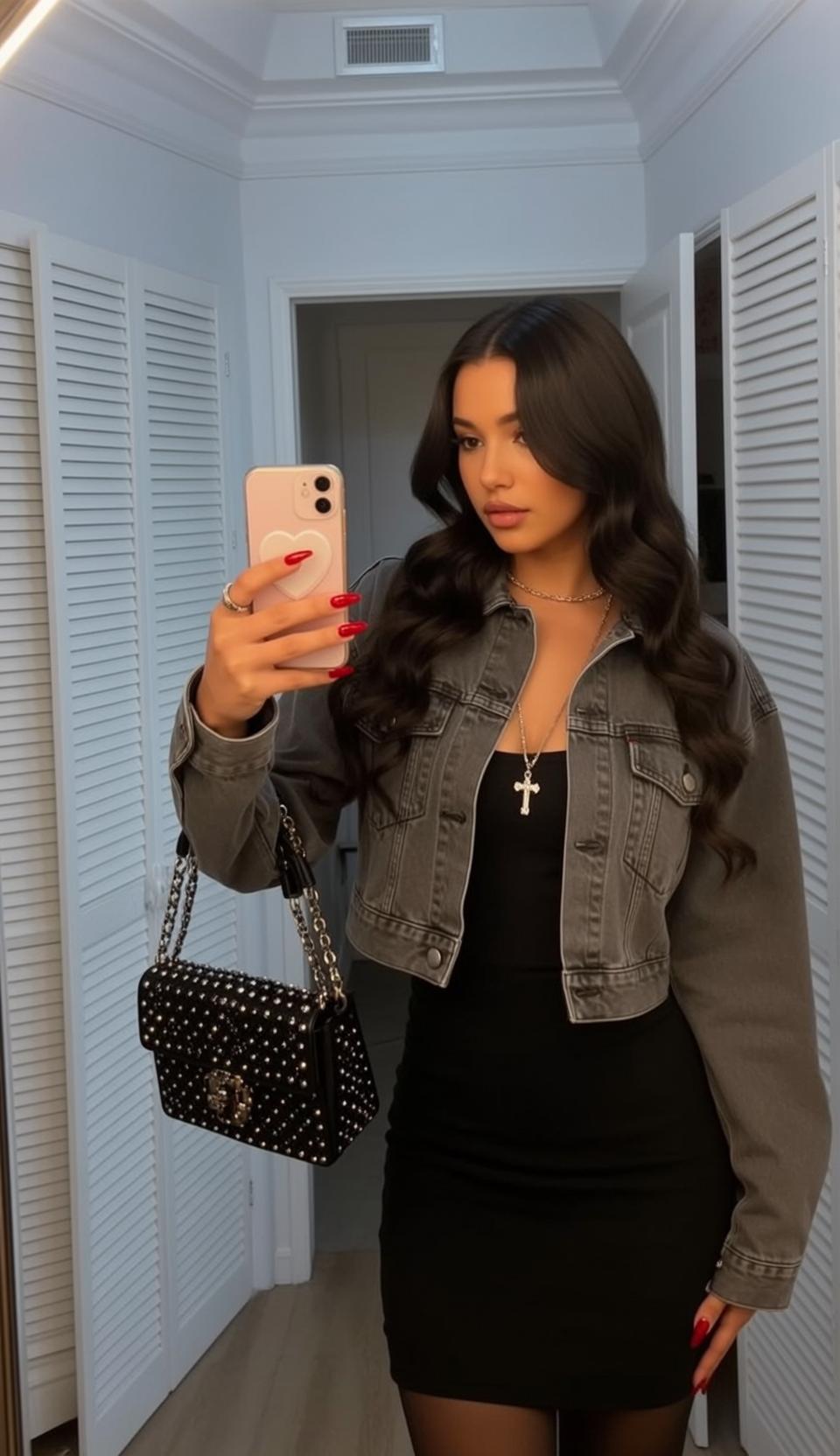 Woman Takes Selfie In Mirror Studded Handbag
