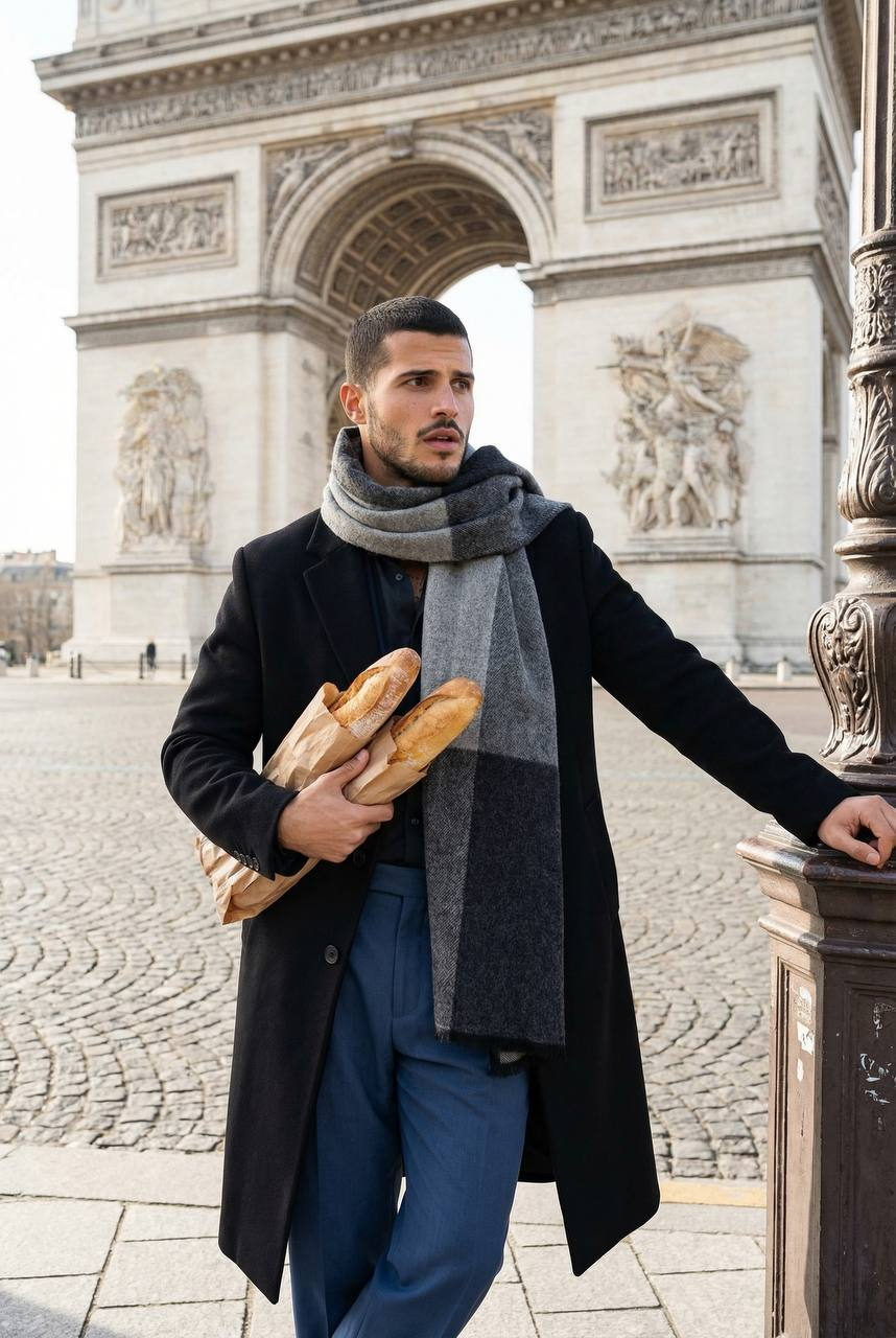A stylish man in a long black coat and blue trousers holding two baguettes under one arm, posed with the Arc de Triomphe in the background.