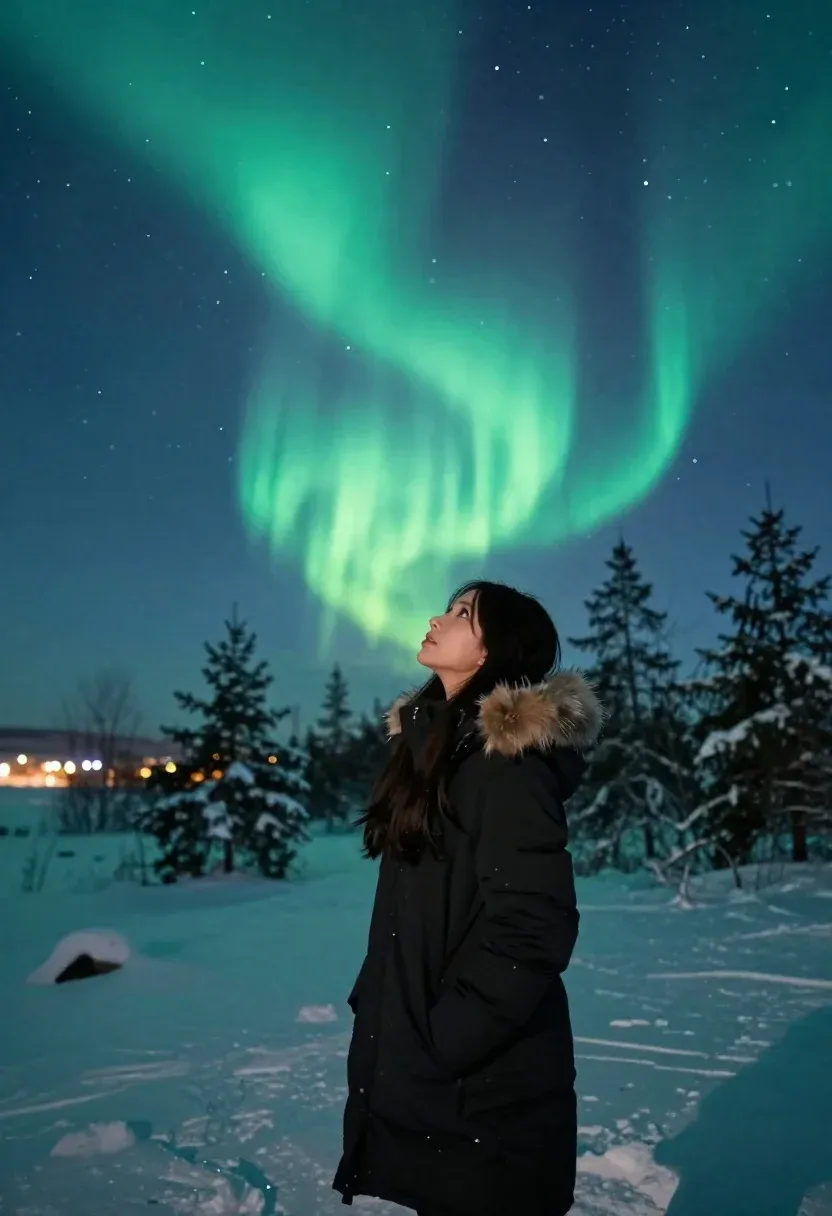 Woman Stands Snowy Landscape Gazing Upward The Vibrant Green Aurora