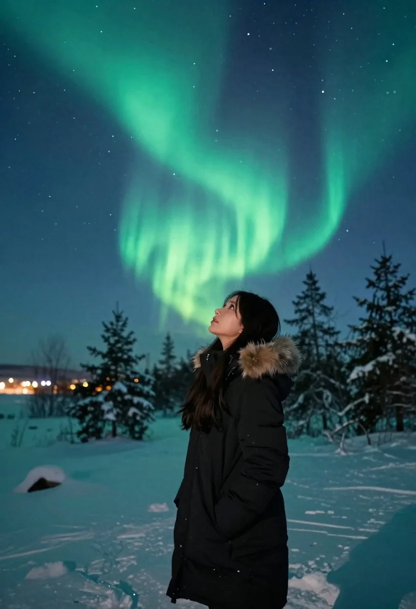 A woman standing in a snowy landscape gazes upward at the vibrant green aurora borealis in a starry night sky.