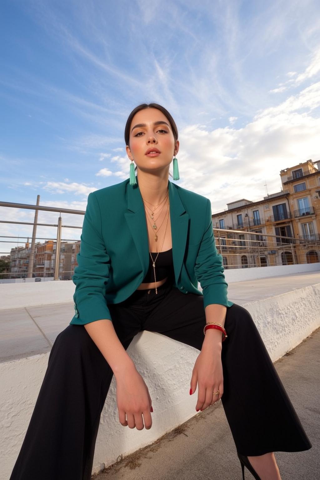 Teal Blazer Rooftop Fashion Portrait