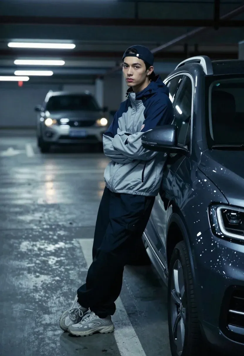 Young Man Leans Casually Against Dark Suv Dimly Lit Underground