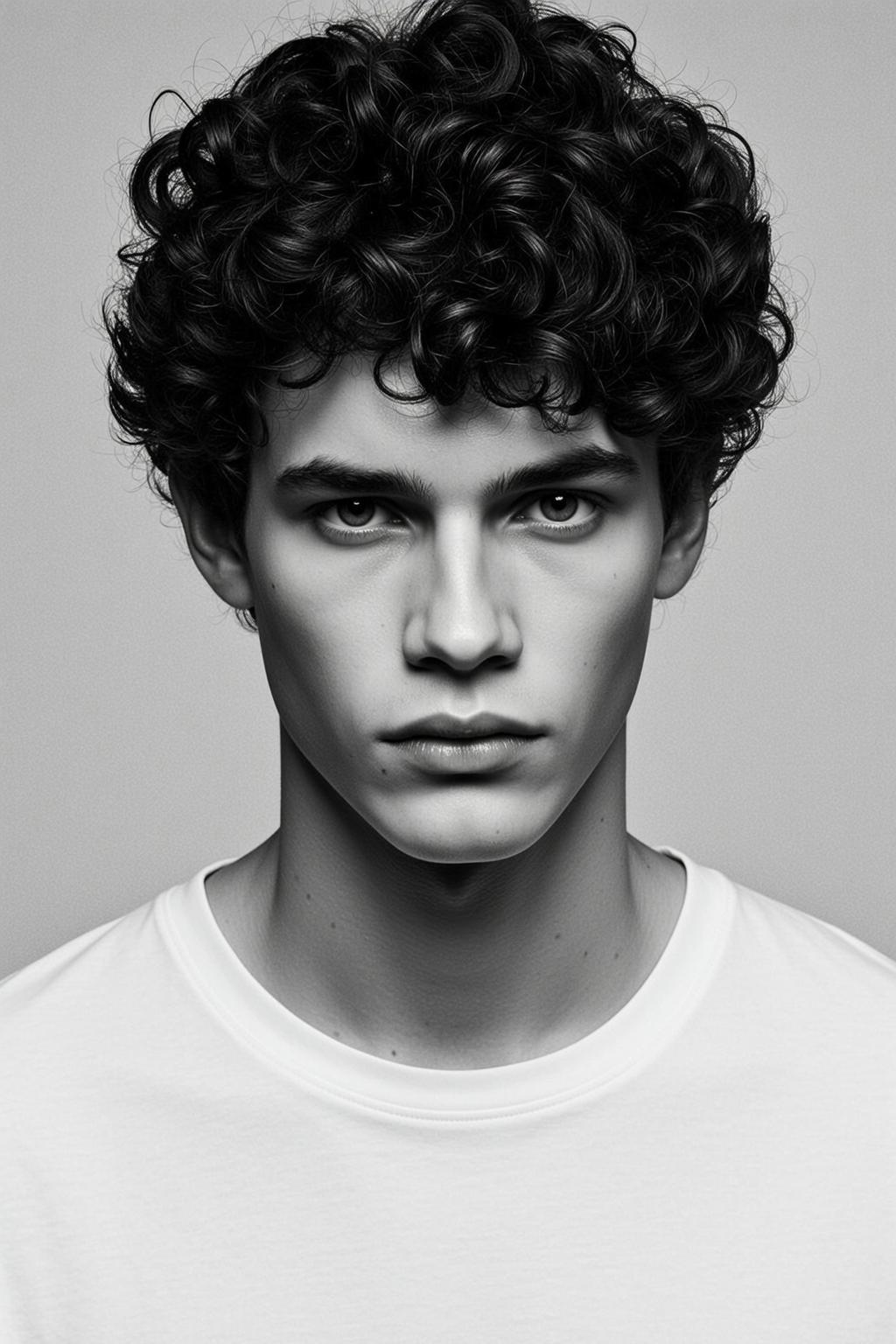 Photorealistic Black And White Head-and-shoulders Portrait Young Man With Striking