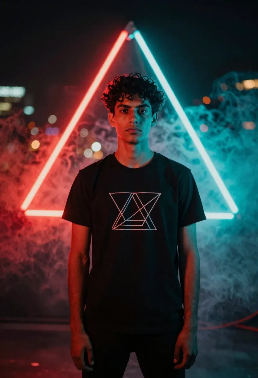 Young Man With Dark Curly Hair Stands Facing Forward Dimly