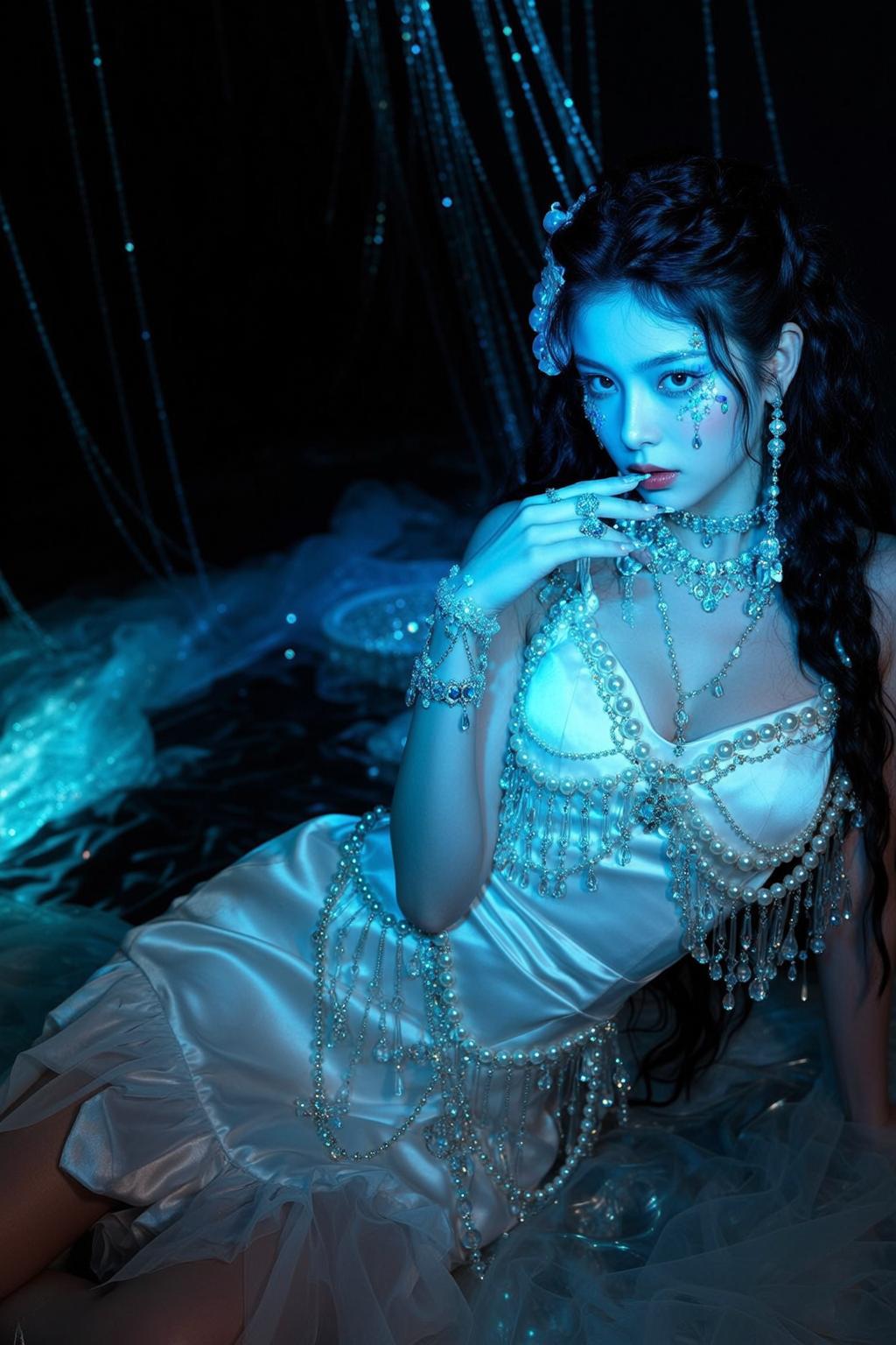 White Dress with Ruffled Hem on Ethereal Underwaterlike Setting