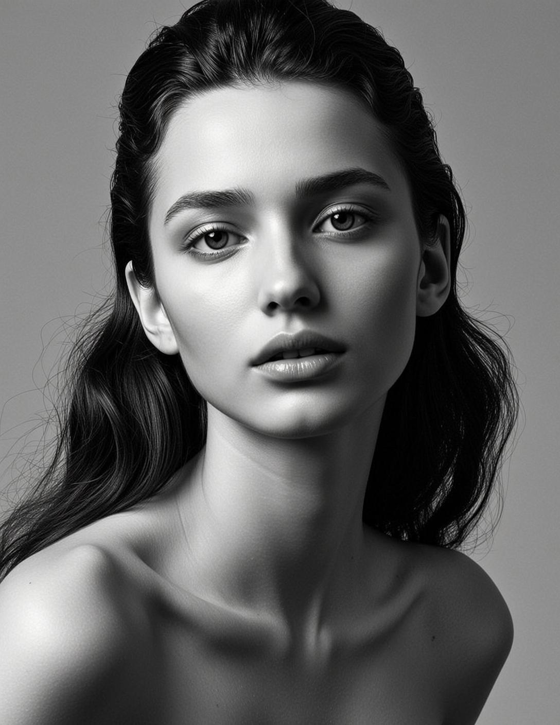 Photorealistic Black And White Medium Close-up Portrait Young Woman With
