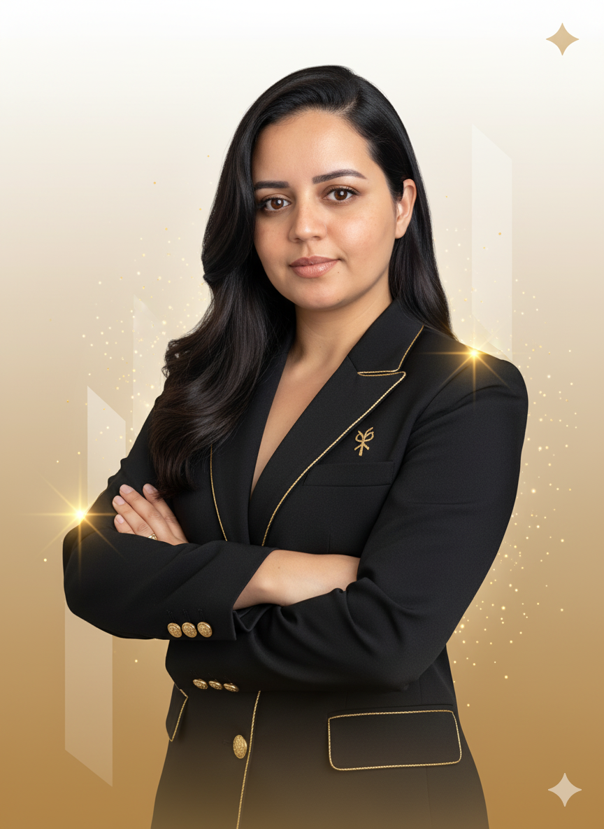 Uma mulher confiante em um terno preto luxuoso com detalhes dourados, posando de braços cruzados em um fundo geométrico minimalista em dourado champanhe.