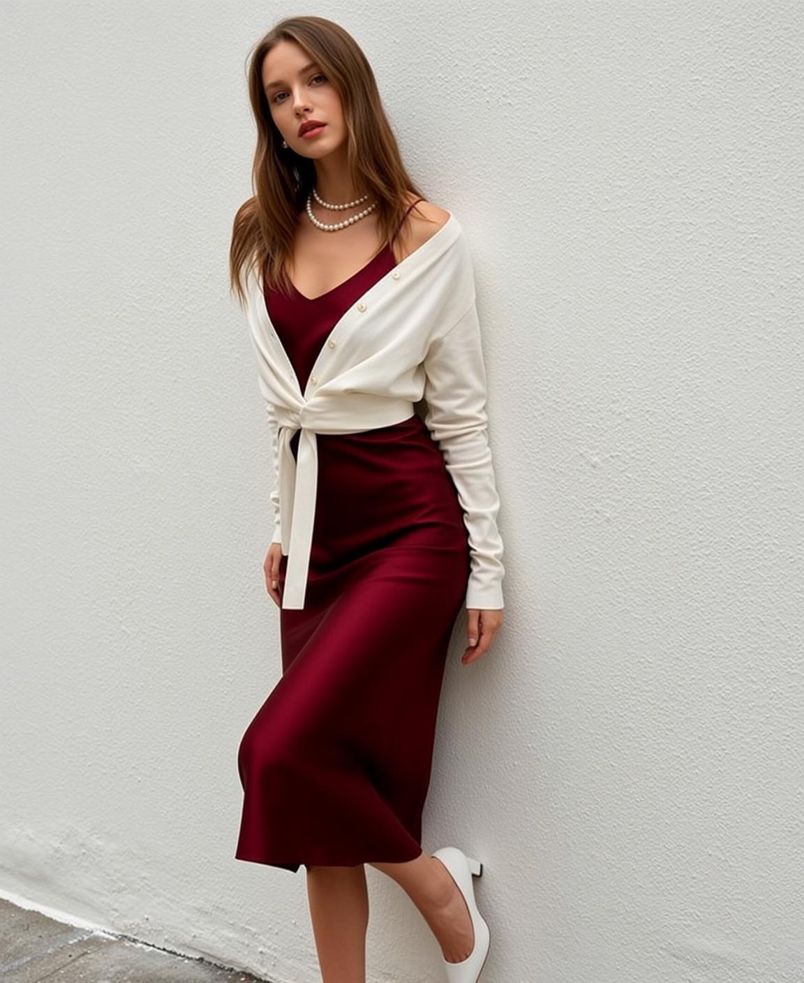 Burgundy Slip Dress White Cardigan