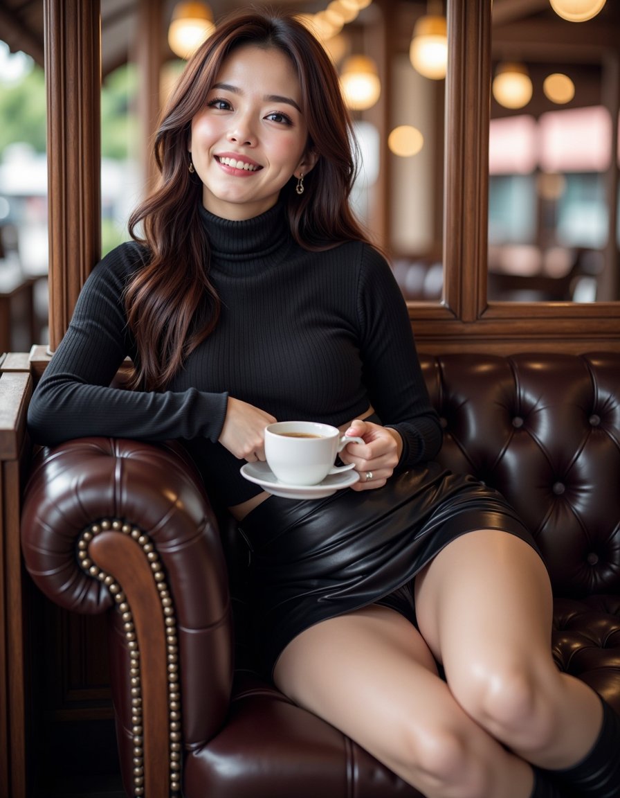 Turtleneck And Leather Skirt Cafe