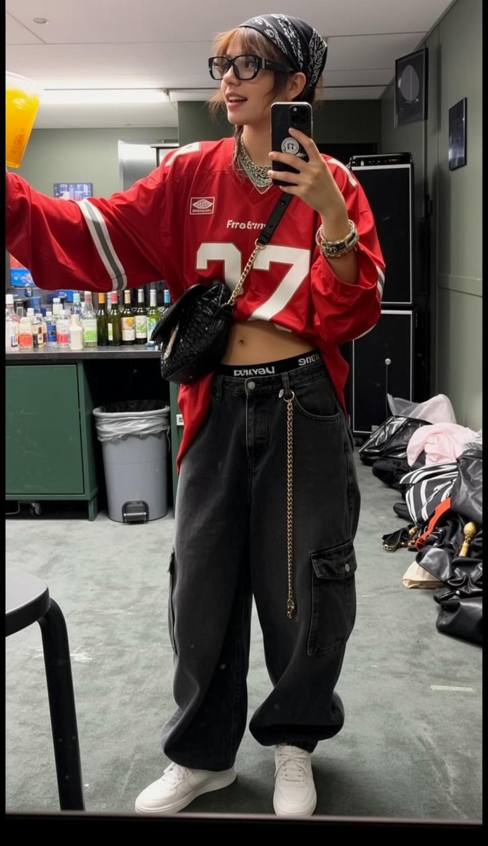 Red Jersey Denim Cargo Pants Selfie
