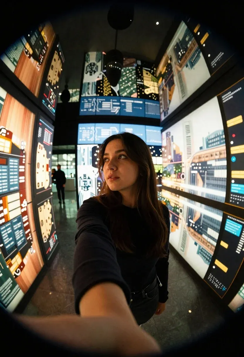 Young Woman Taking Selfie Front Immersive Tunnel Wall Made Entirely