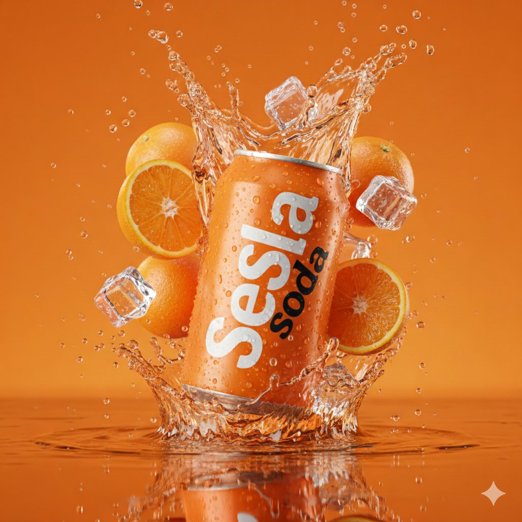 A hyper-realistic image of a bright orange soda can with condensation, immersed in a dynamic splash of transparent orange liquid.
