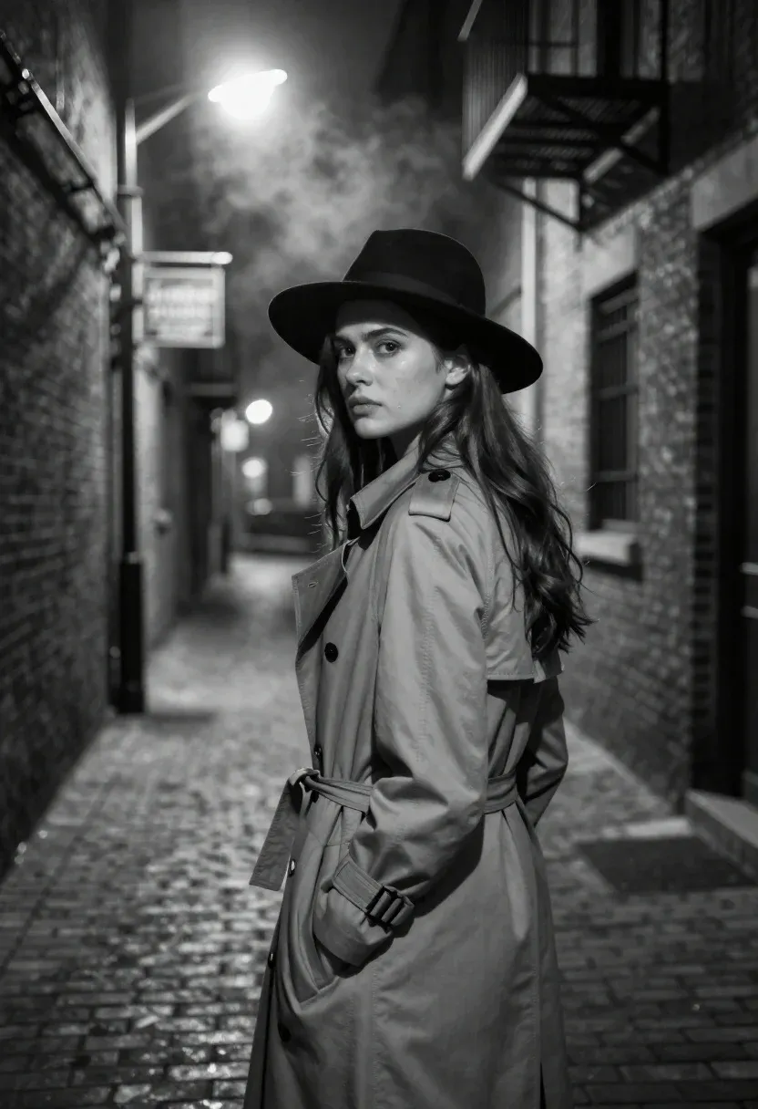Young Woman Stands Narrow Brick Alleyway Night Looking Over Her