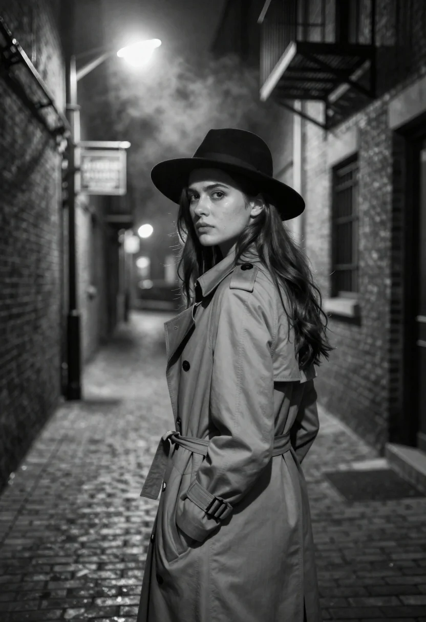Young Woman Stands Narrow Brick Alleyway Night Looking Over Her