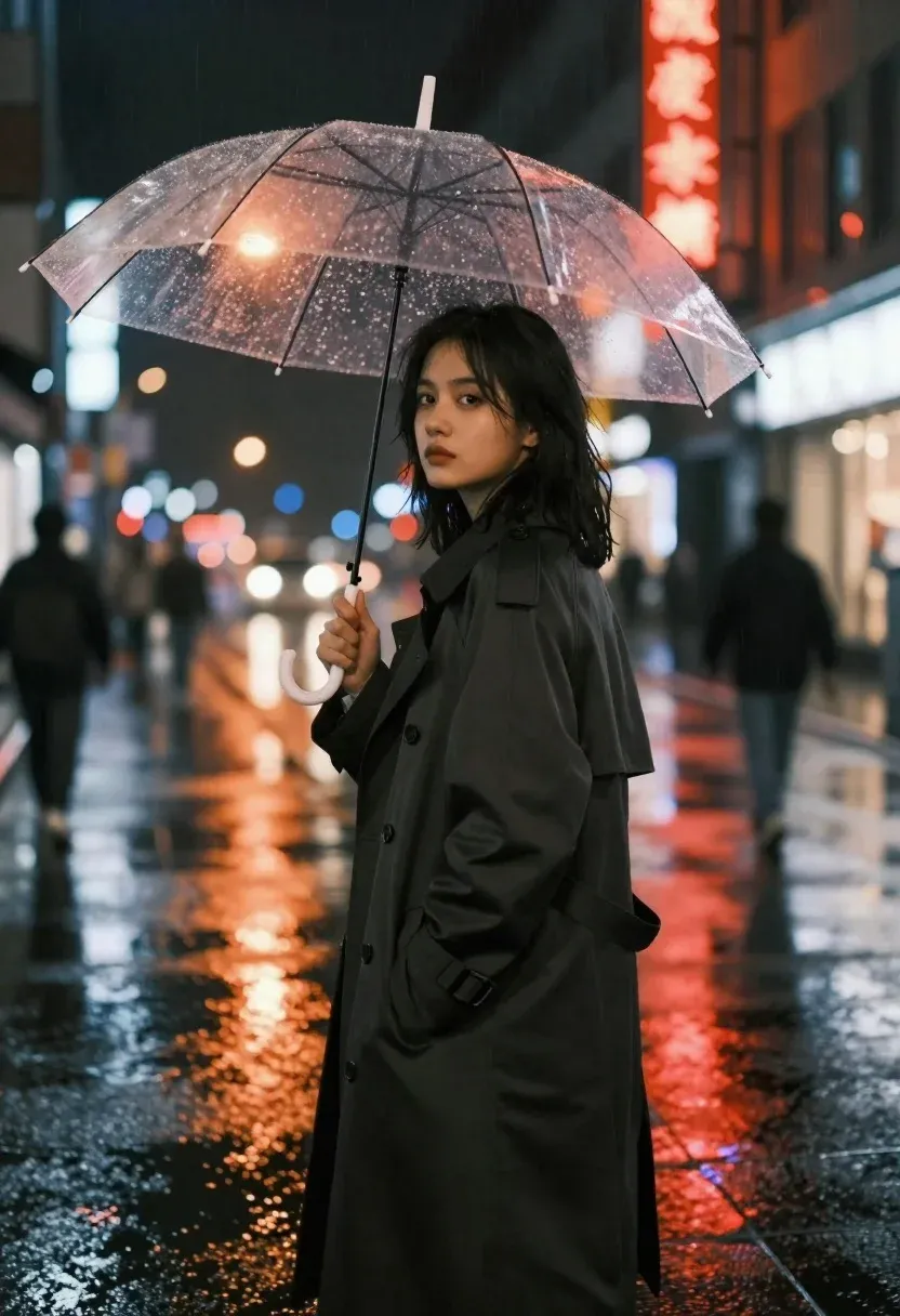 Young Woman Stands Profile Under Transparent Rain-speckled Umbrella Wet City