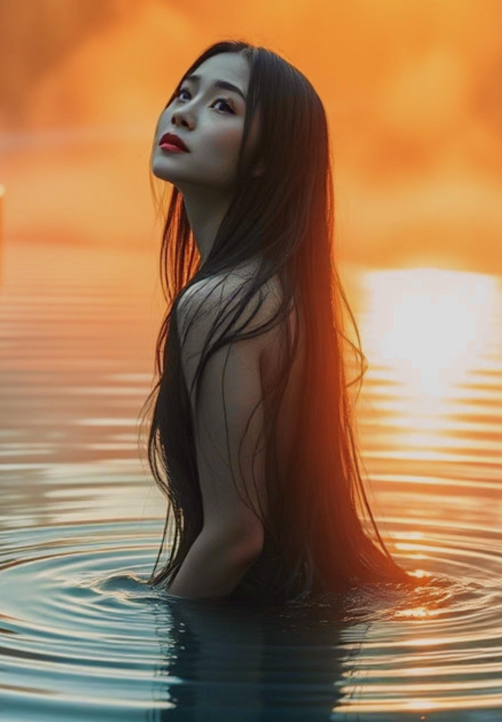 Medium close-up of a person with dark hair in reflective water during sunset, showcasing serene expression and red lipstick.