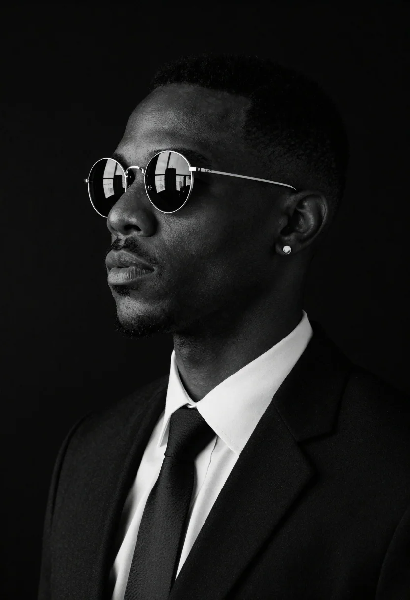 High-contrast Black And White Studio Portrait Man Profile Against Infinite reference photo