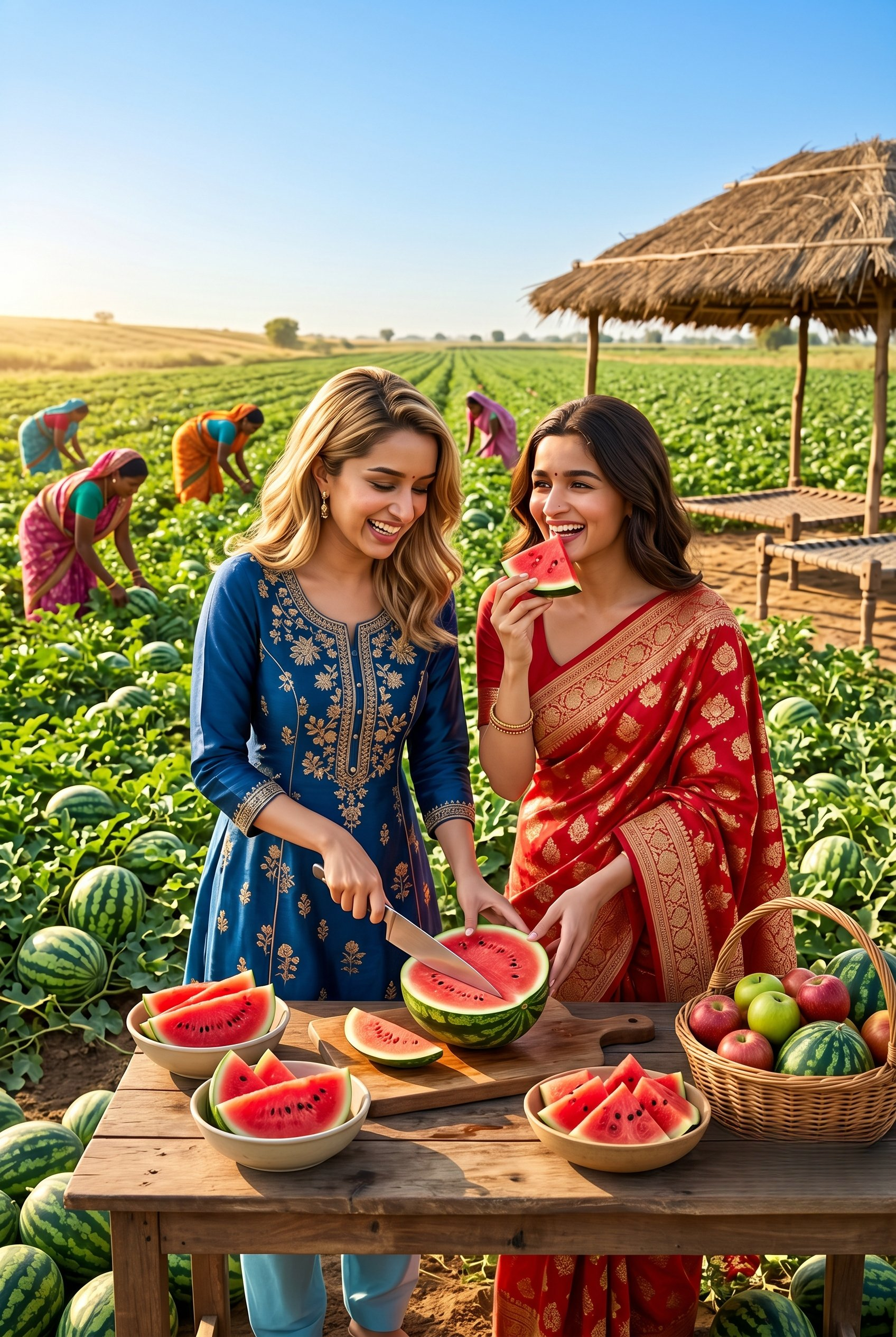 Two people slicing watermelons at a rustic wooden table with a lush green field in the background under a clear blue sky.