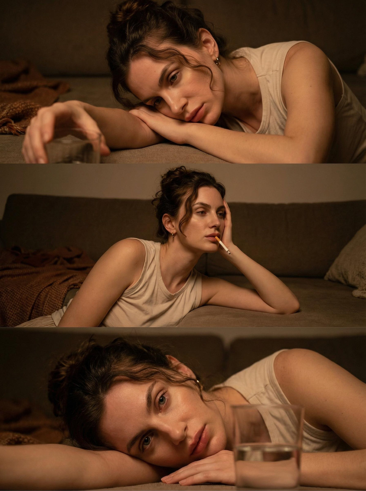 Cinematic triptych featuring a woman reclining with a glass in a cozy interior setting.