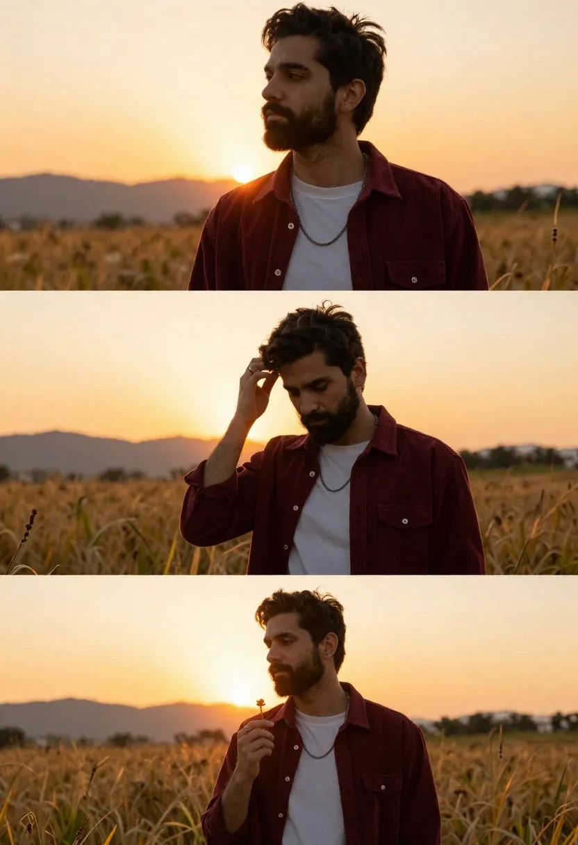 Man Stands Golden Field During Warm Sunset Subject Young Man