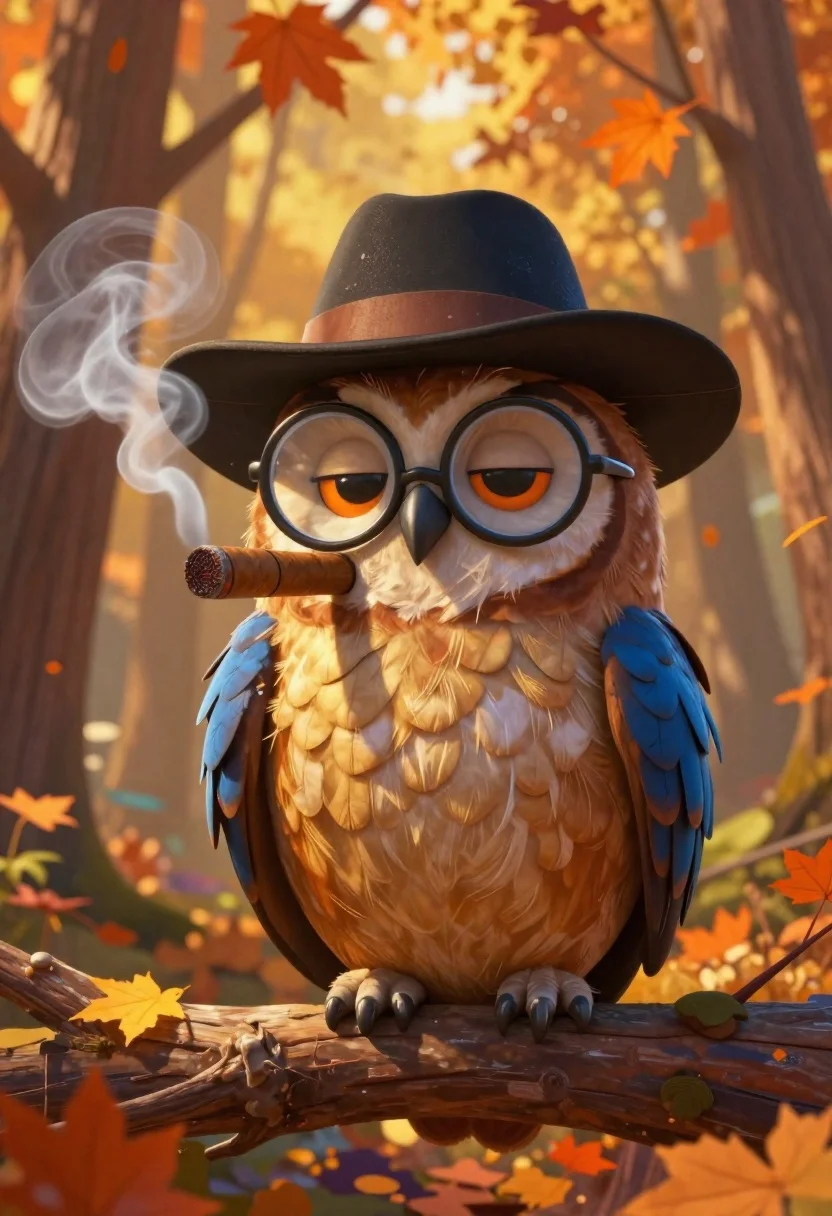 Whimsical Digital Painting Cool Cartoon Owl Perched Branch Autumn Forest reference photo