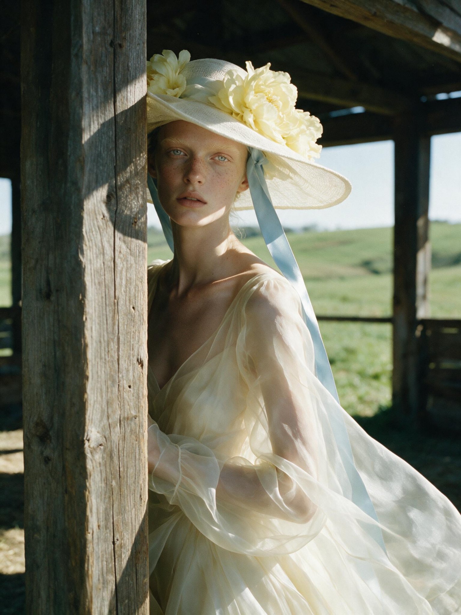 Straw Hat And Organza Gown In Barn
