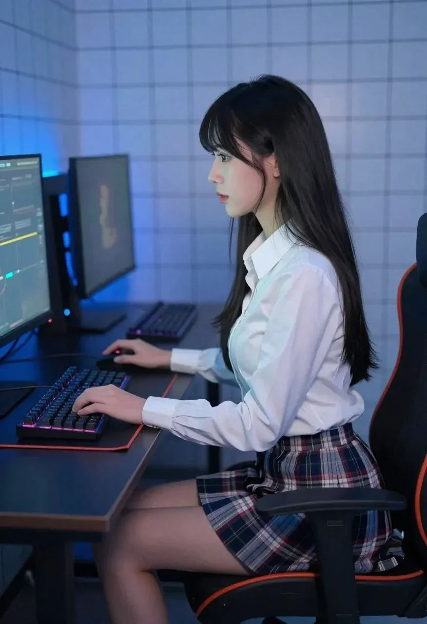 Young Woman With Long Dark Hair Sits Profile Gaming Desk