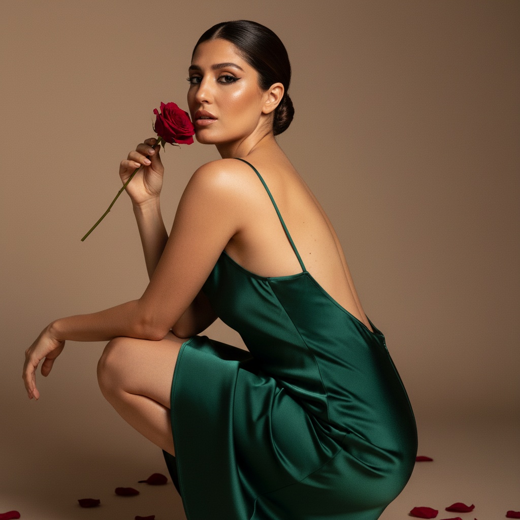 Portrait of a woman in an emerald satin dress, gazing intensely while holding a rose against a warm-toned backdrop, soft shadows enhancing elegance.