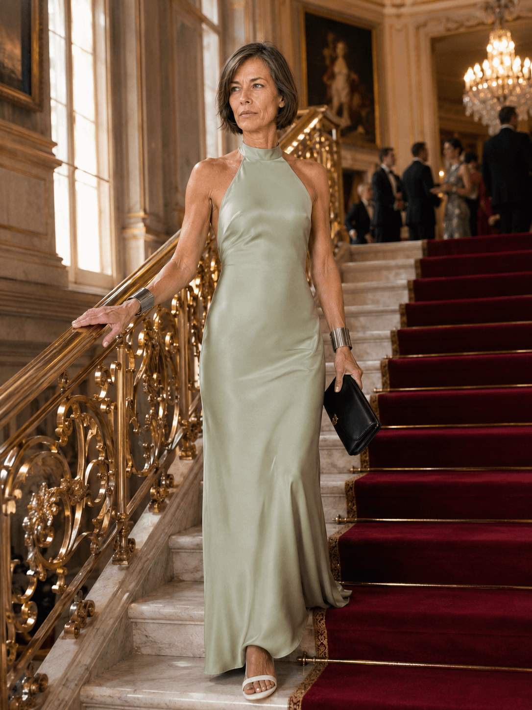 Sage Green Silk Gown Descending Palace Stairs