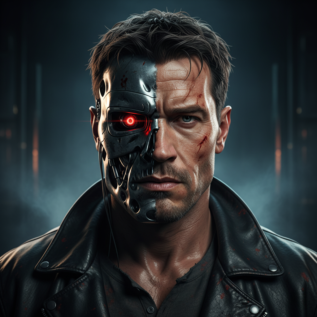 Retrato hiper-realista do Terminator T-800, metade humano e metade metálico, sob iluminação cinematográfica fria.