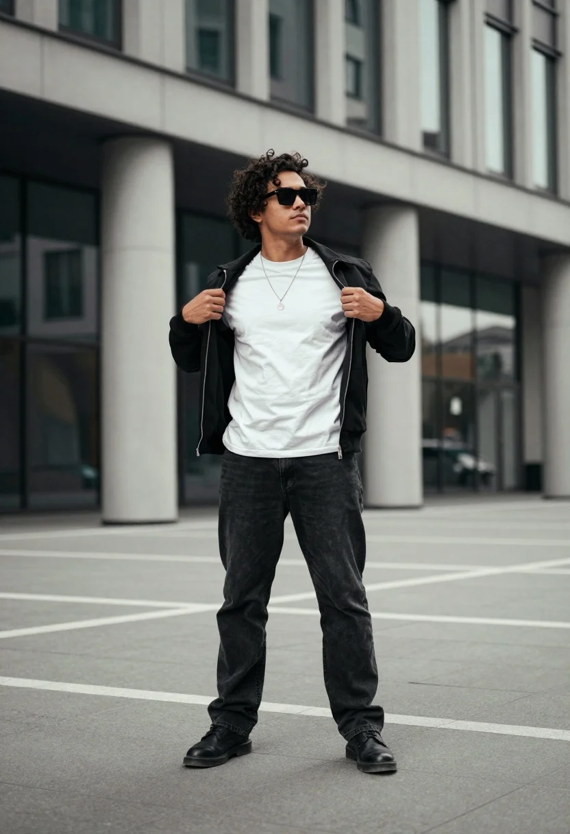 Full-body Shot Man Standing Confidently Urban Plaza Subject Young Man