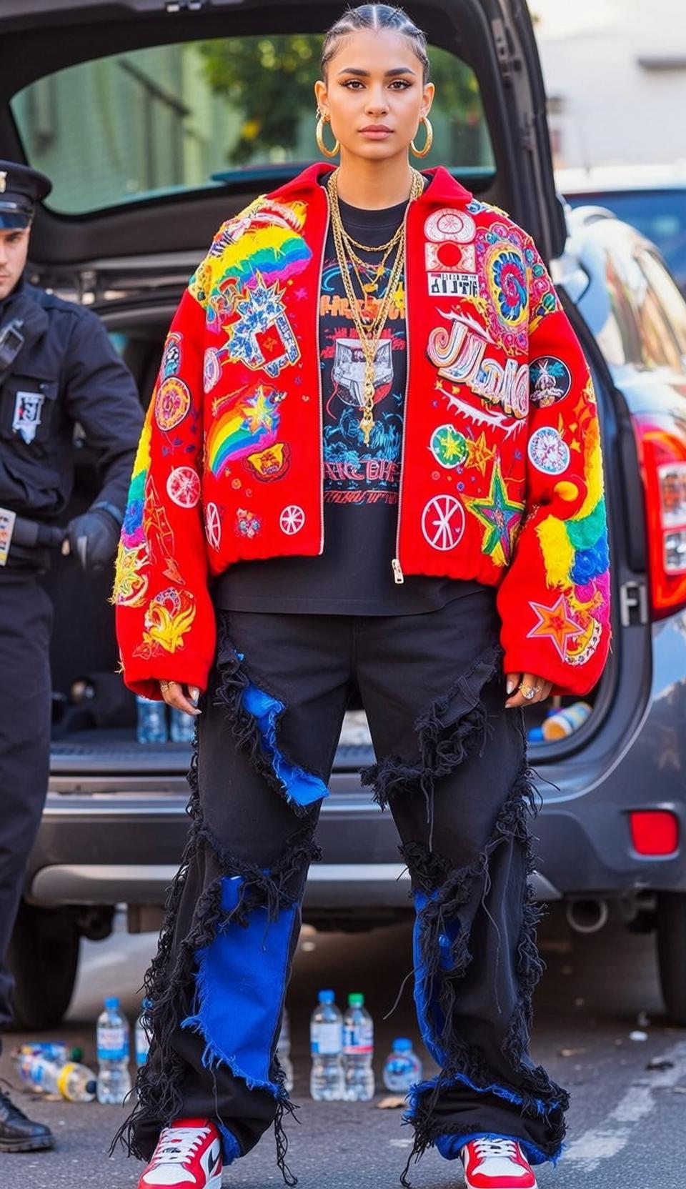 Patchwork Bomber Ripped Jeans