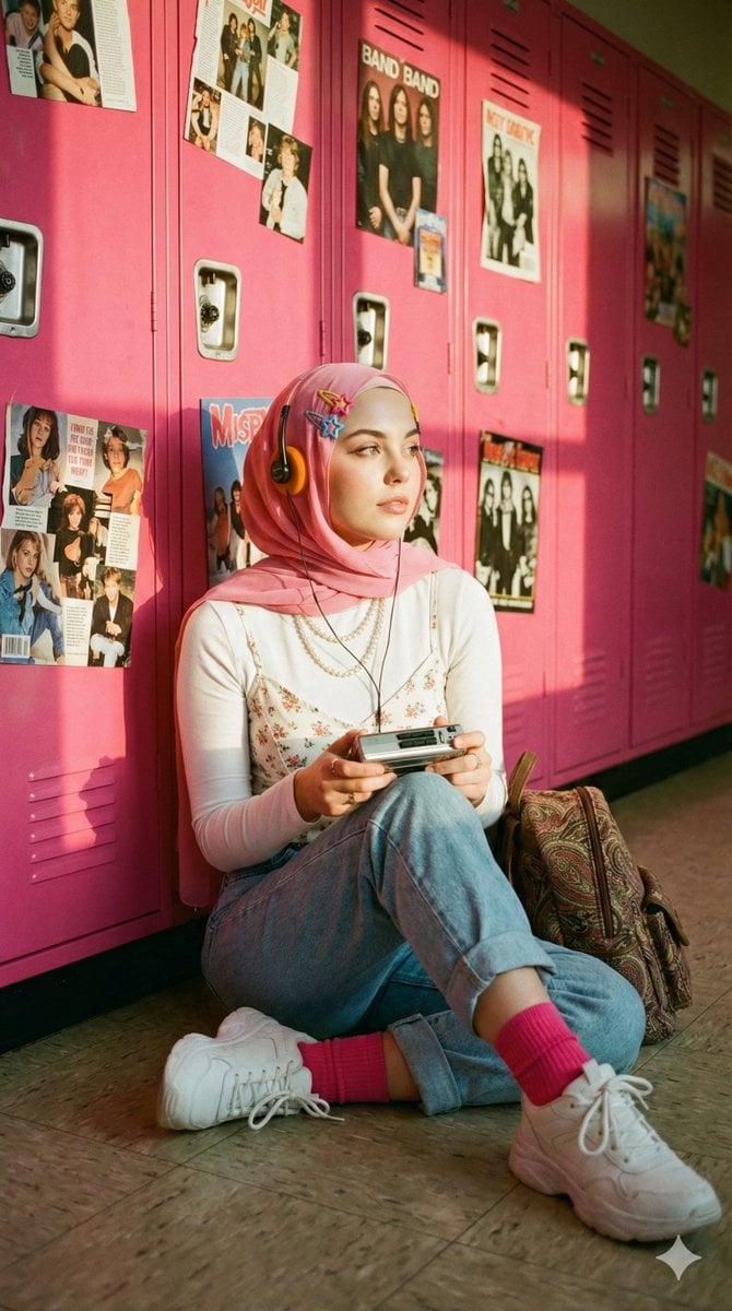 Y2k School Hallway Portrait Pink Hijab Star Clips