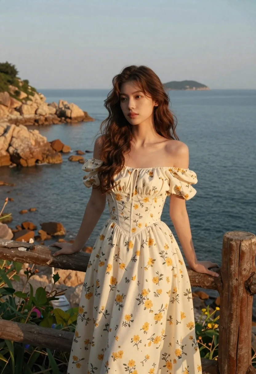 Young Woman With Long Wavy Brown Hair Stands Leaning Against